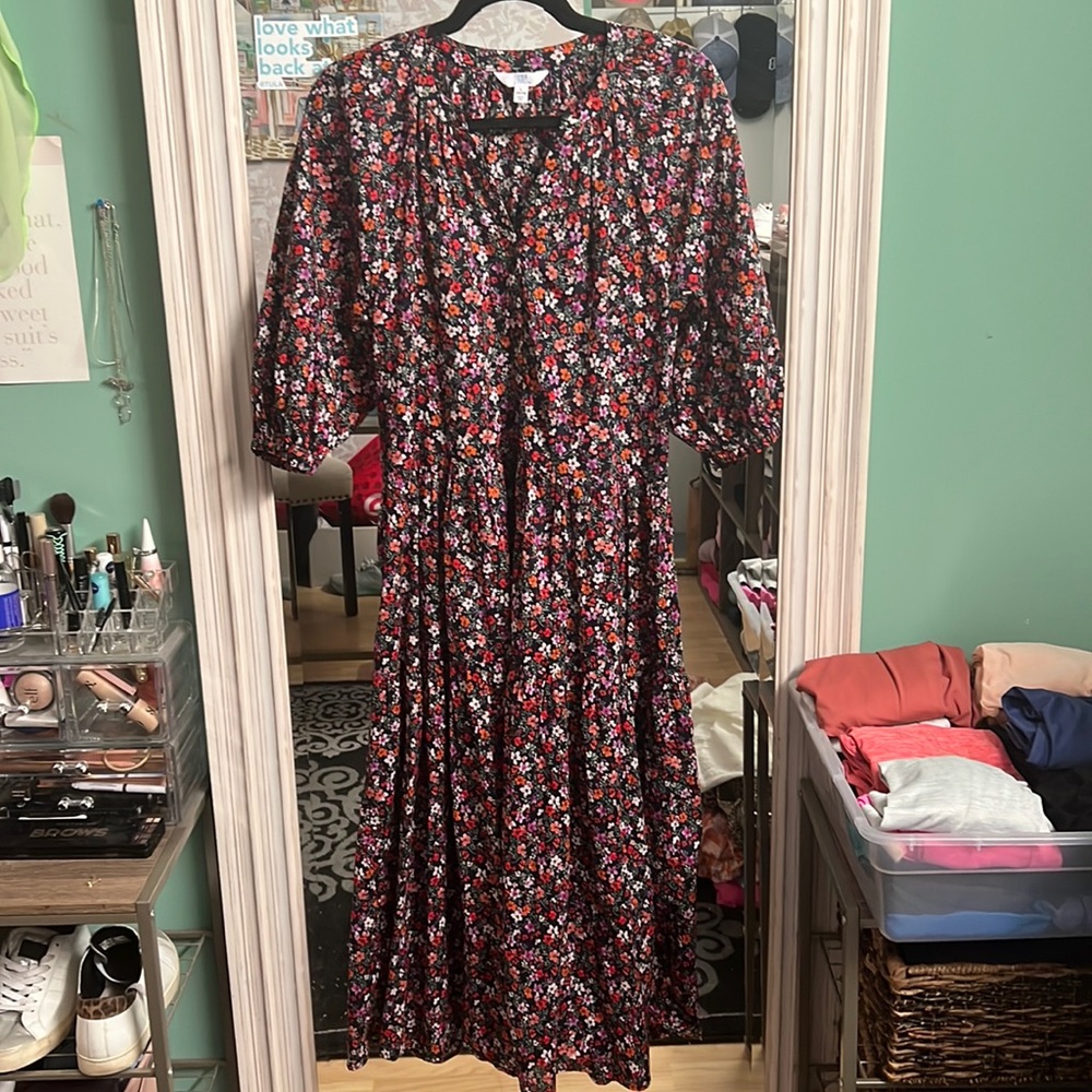 Time and Tru Blue Tiered Sundress with Bishop Sleeves